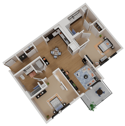 Floor plan for 2 beds, 2 baths, 1039 sqft